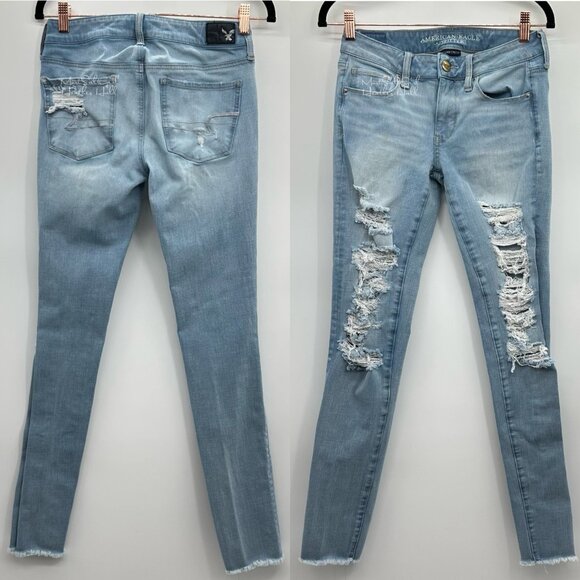 American Eagle 360 Degree Stretch Light Wash Distressed Skinny Jeans Size 4 - Picture 7 of 7
